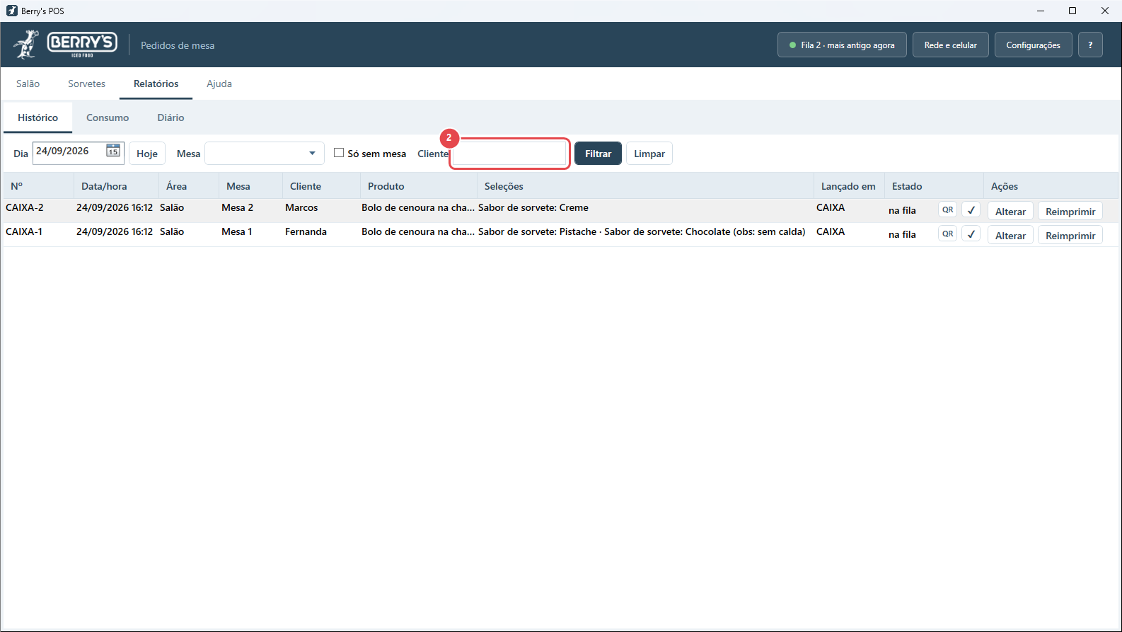 Passo 2: Os filtros: dia, mesa e o nome do cliente